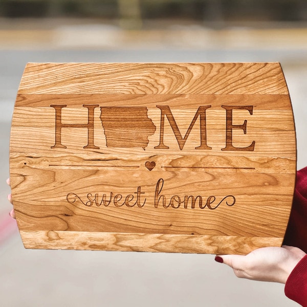 State of Iowa Home Sweet Home Cherry Wood Cutting Board (16"x10.5")